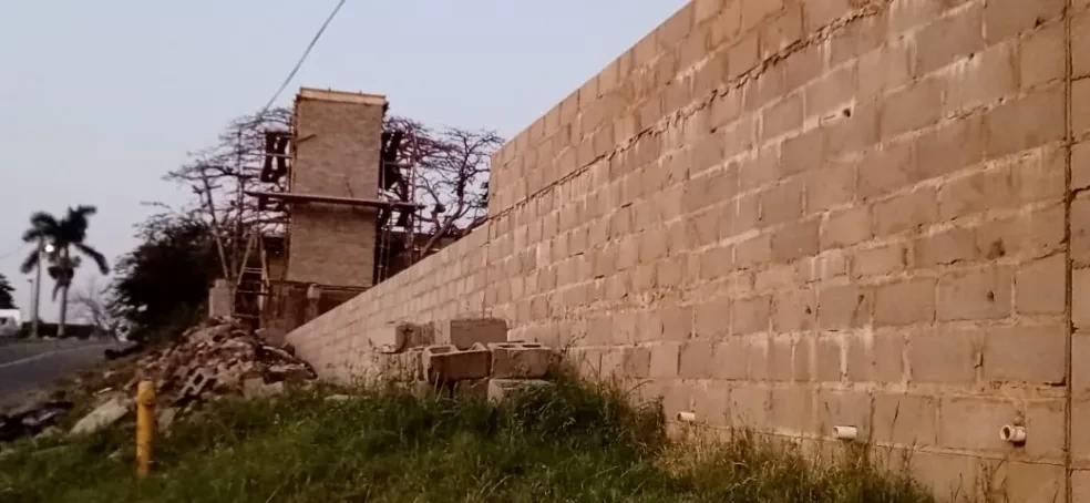 Project site — long concrete block boundary wall alongside road with palm trees and scaffolding tower
