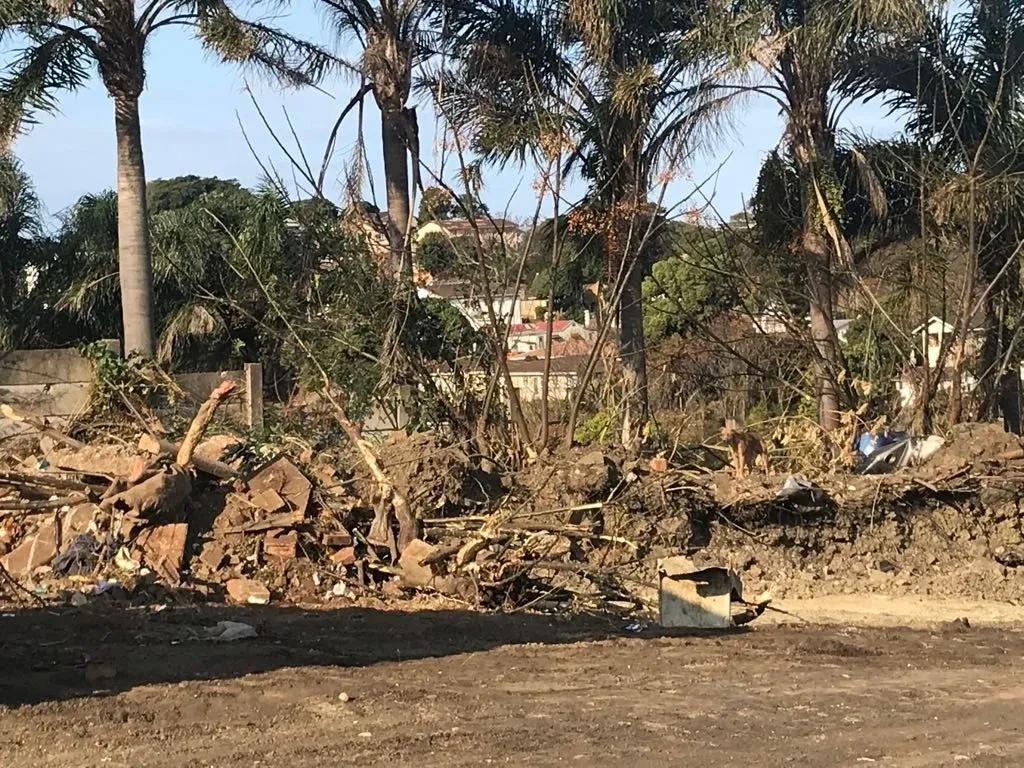 Project site — cleared site with palm trees and brick debris pile, Durban suburb in background