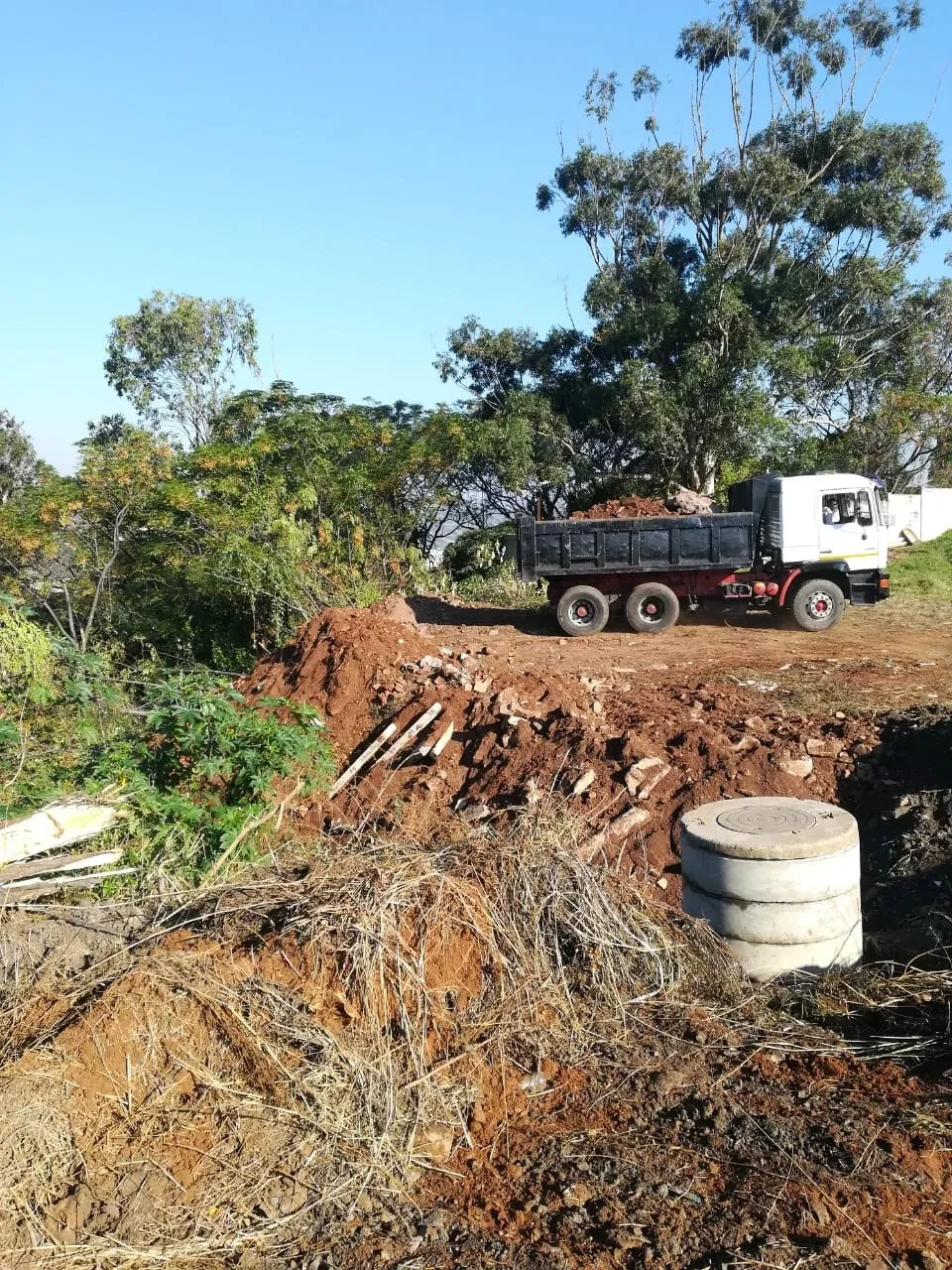 Project site — cleared red earth site with dogs and white perimeter wall, blue sky