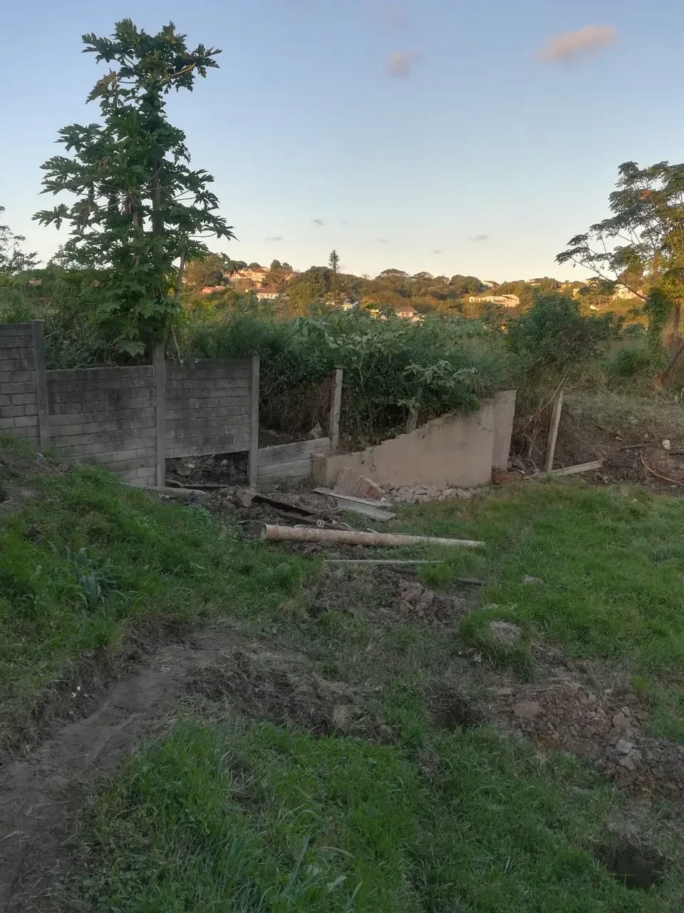Project site — concrete block boundary wall with collapsed section, pipe on ground, papaya tree and Durban suburb at dusk