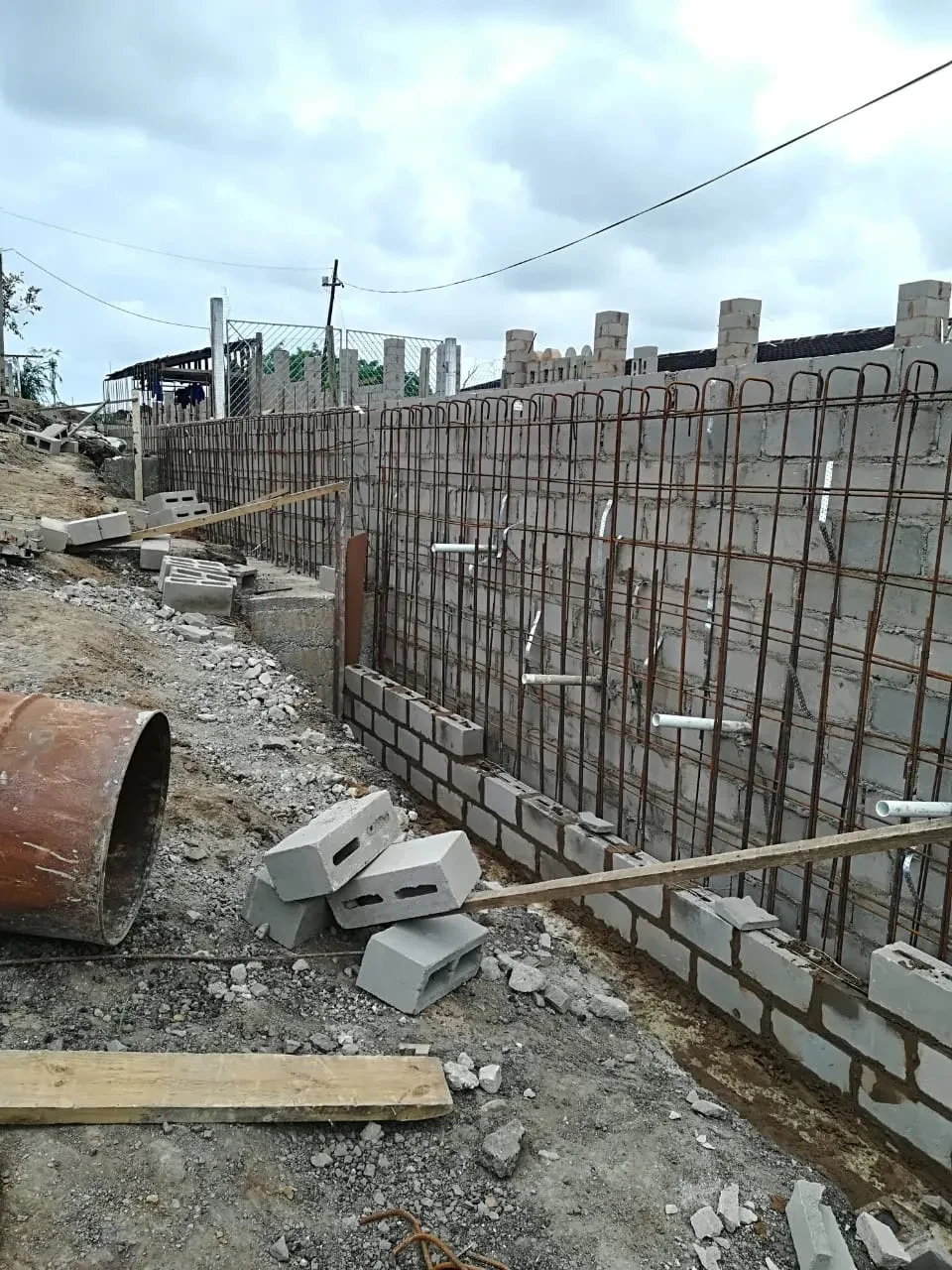 Project site — reinforced concrete block walls with rebar
